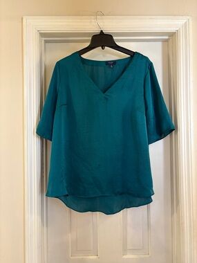 Kaari Blue Teal V-Neck Layered Short Sleeve Blouse